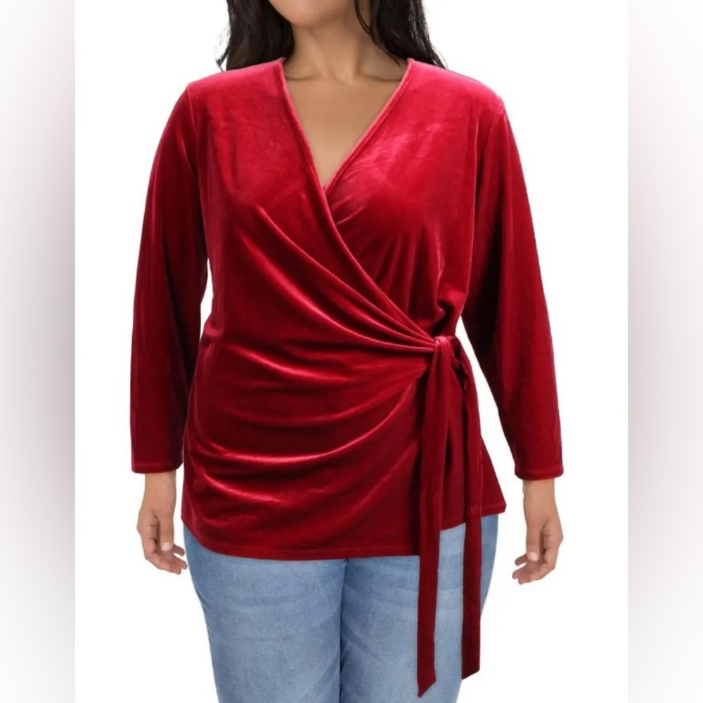 ANNE KLEIN WOMENS RED VELOUR SIDE TIE BLOUSE WRAP TOP 2X